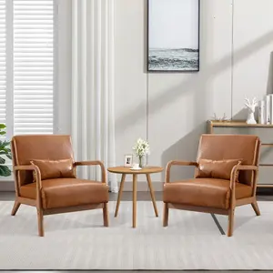 [HolidayHaul]Ebello Wide Modern Design Leather Upholstered Accent Armchair with Solid Legs， Solid wood Accent Chair for Living Room Accent Chairs Leather-Orange Espresso Finish Faux Leather