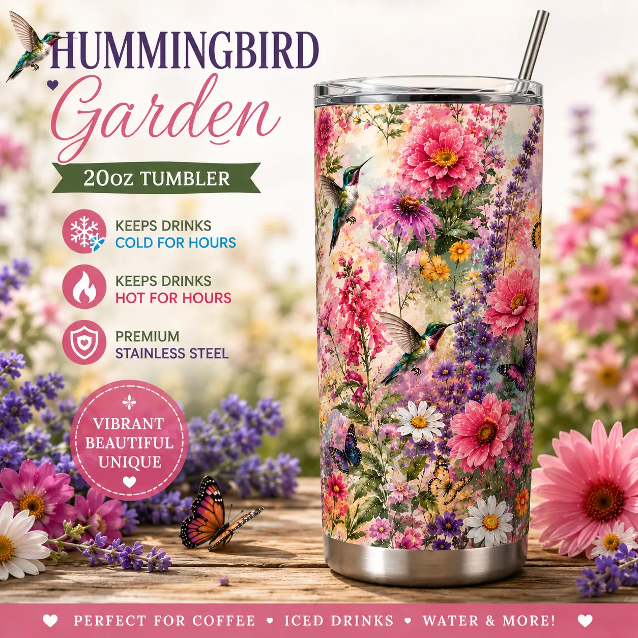 Hummingbird Garden 20oz Stainless Steel Tumbler | Floral Hummingbird Travel Mug with Lid & Straw | Double Wall Insulated Cup