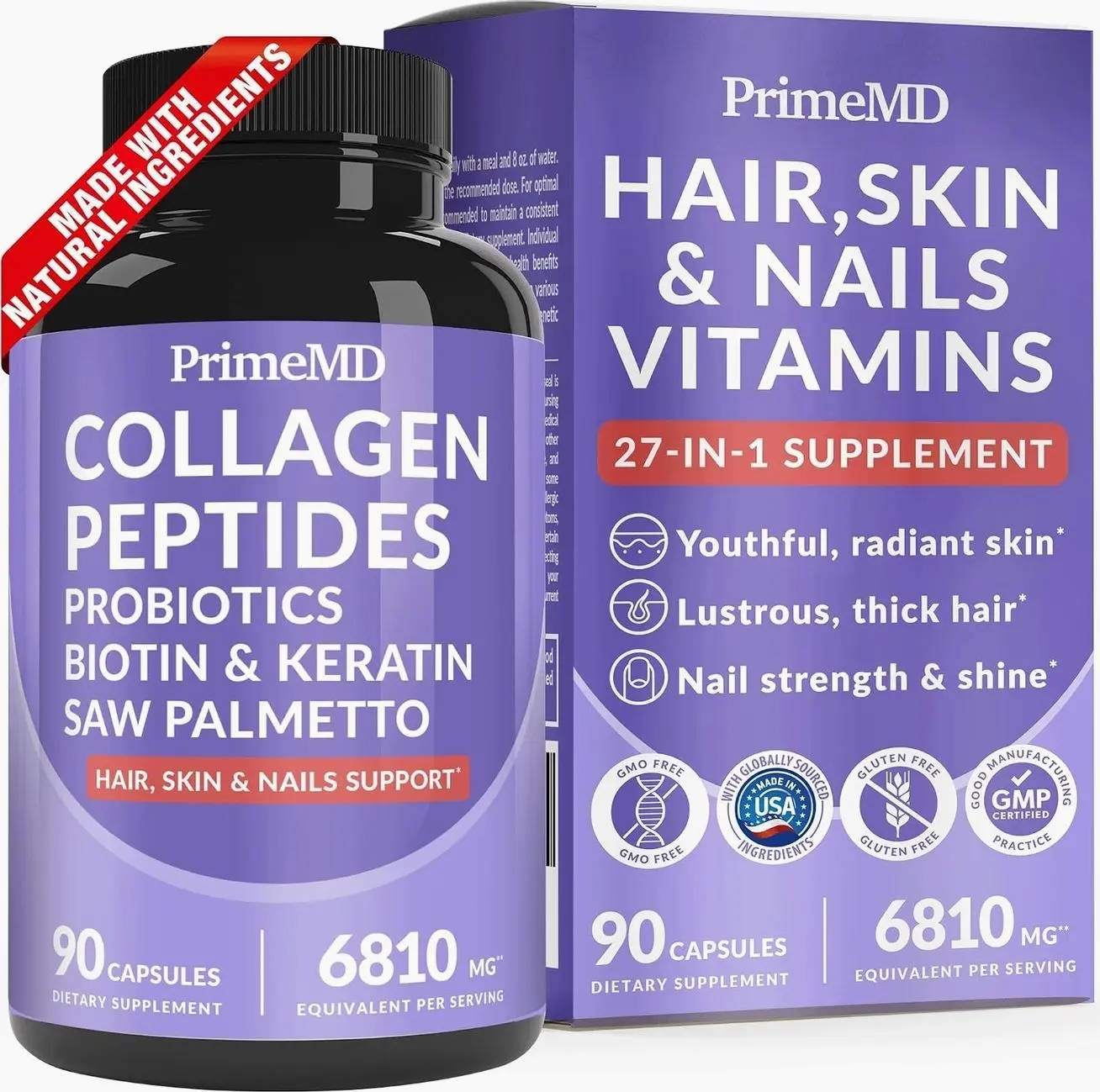 27-in-1 Hair Skin and Nails Vitamins (6810mg) with Biotin 10000mcg - Collagen Supplements for Men and Women - Keratin Supplements with Probiotics and Saw Palmetto, 90ct