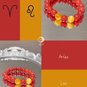 Aries & Leo Zodiac Crystal Bracelet - Red Agate & Tiger Eye Beads, 7A 10mm 16-17mm, Unisex, Chakra Balance Energy Jewelry