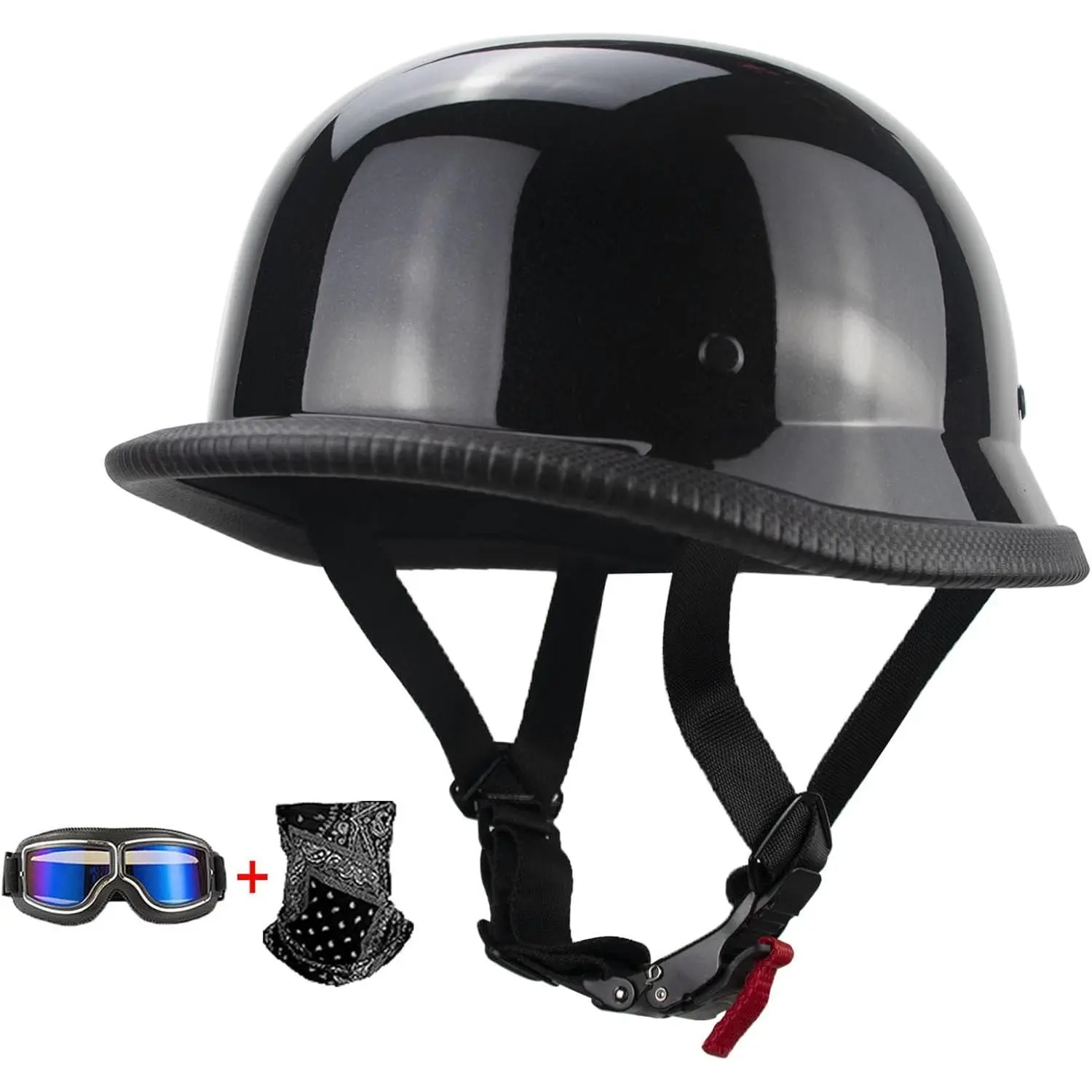 DOT-Certified German Style Open Face Half Motorcycle Helmet for Adults - Vintage Retro ABS Shell Thin Skull Cap, Black Helmet, Goggles, Mask, Adjustable Quick Strap, Quick Release, 1.87 lbs, 55-61 cm, Drop-Resistant, Comfortable for Motorcycles, Mopeds, D