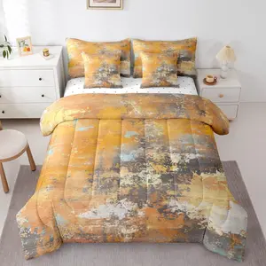Tie Dye Comforter Set,7 Pcs,Modern Abstract Bedding Set,Grunge Room Decor,Watercolor Orange Grey Bed in A Bag,Ombre Gradient Oil Painting Style Bed Sheets Reverse (Orange Grey,)