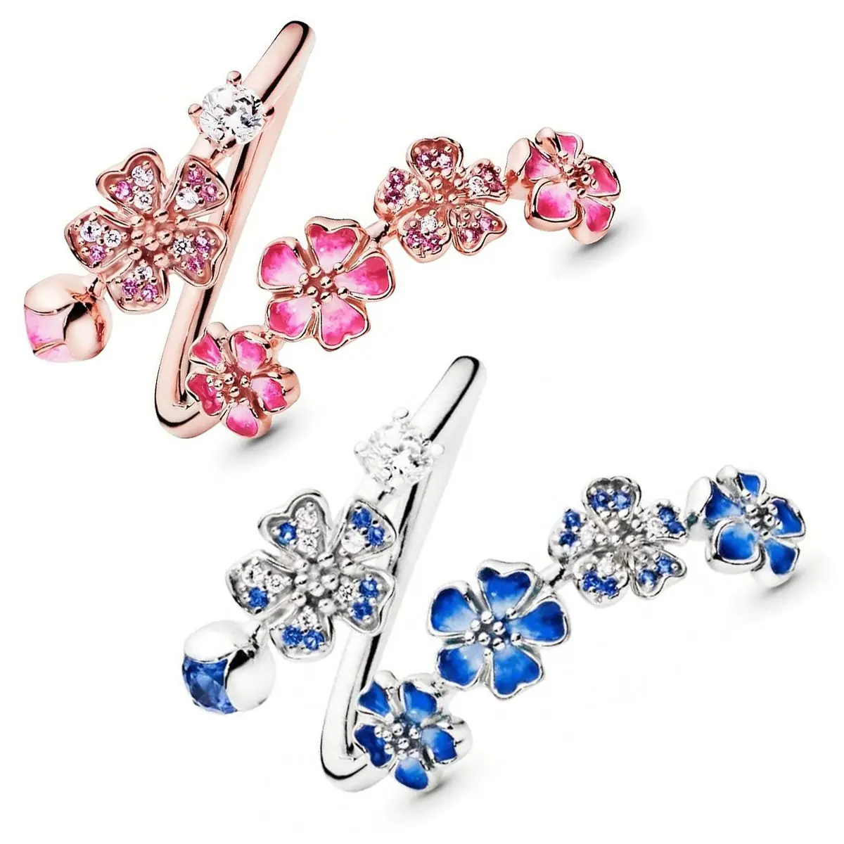 Women's 2PCS Rose Gold-Plated Peach Blossom & Cherry Blossom Rings - Adjustable Statement Rings with Crystal Accent, Gemstone Floral Design, Open Adjuster, Female Wear, Gift-Ready Costume Jewelry