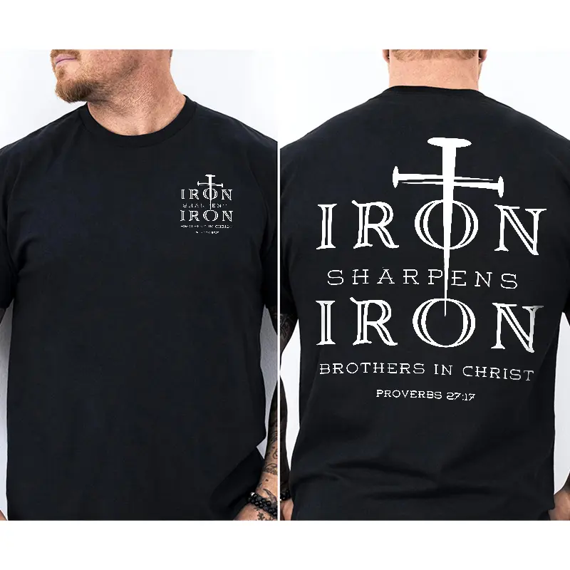 Iron Sharpens Iron Christian T-Shirt Brothers In Christ Bible Verse Shirt Proverbs 27:17 Faith Tee Cross Graphic Front & Back Print Crew Neck Short Sleeve Unisex Cotton Summer Menswear Classic Fit - Top