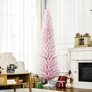7ft Snow-Flocked Pencil Artificial Christmas Tree, Decorated with Realistic Branches, Blush Pink Festive Tree for Small Living Room, Apartment, Home & Office Supplies