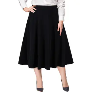 Women's Plus Size Midi Skirt High Elastic Waist A-Line Flared Skater Skirts with Pockets
