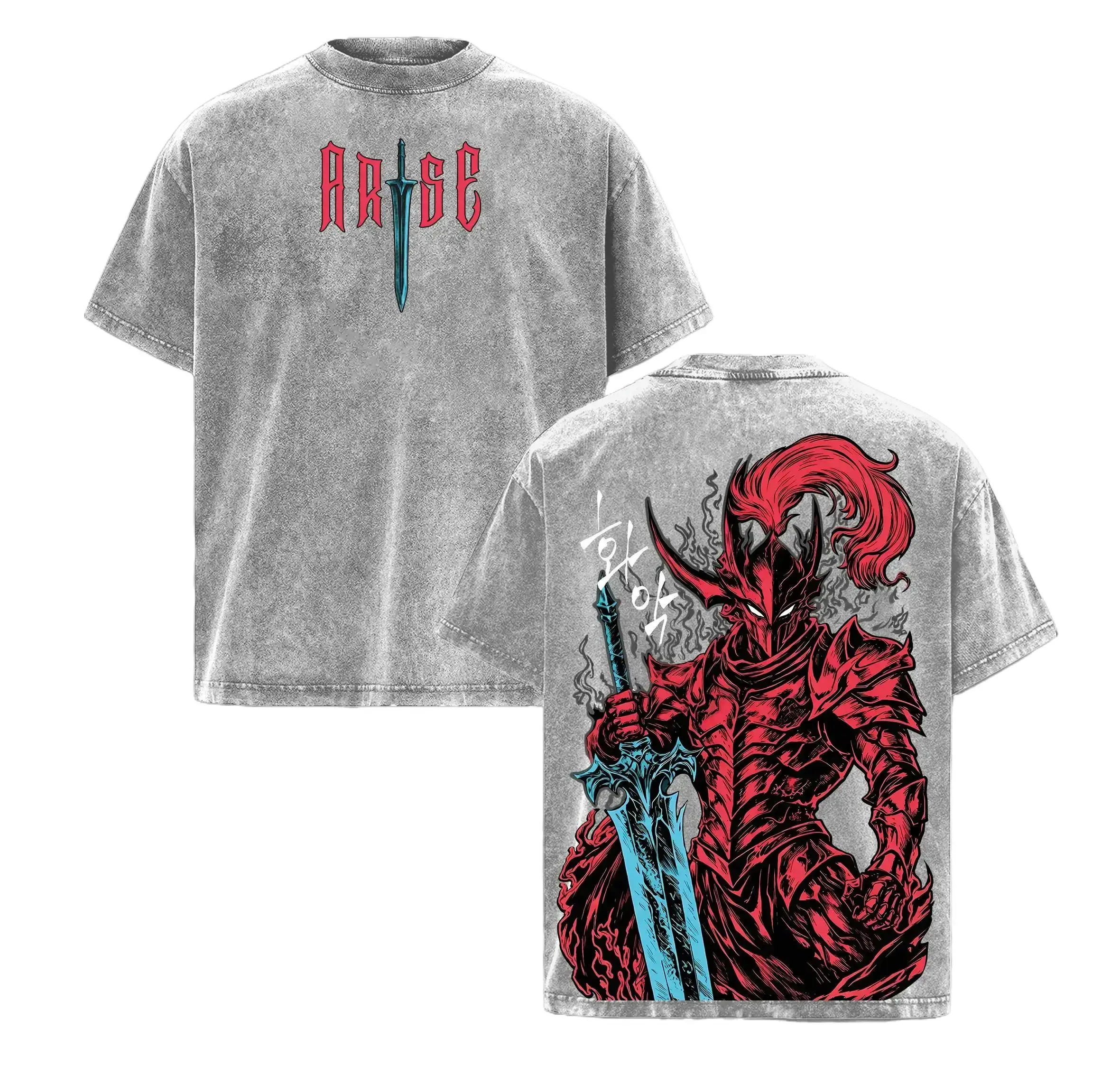 Men's Oversized Graphic Tee with Solo Leveling Igris Print, Heavyweight 230gsm Premium Cotton Top, Casual Relaxed Fit with Retro Look, Pre-Washed, Sizes S-5XL, Menswear, Round Neck