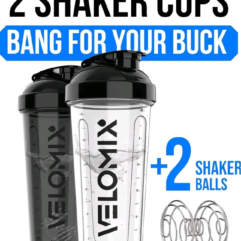 VELOMIX Plastic Protein Shaker 2-Pack (28 oz Each) – 2 Shakers with 6 Flavored Gluten-Free Cholesterol-Free Electrolyte Packets, Ideal for Meal Replacement & Protein Drinks Pitcher