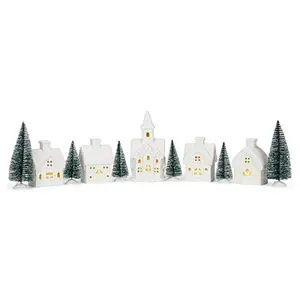 Porcelain LED Christmas Village Set, 11 Piece Pre Lit Winter Village Houses & Trees, 5 Inch White Holiday Tabletop Decor, Battery Operated Mantel Decoration