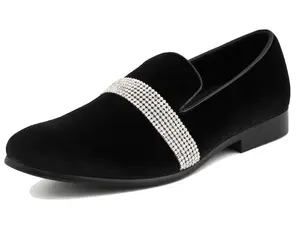 Amali Monarch Slip On Velvet Loafer Dress Shoes For Men with Rhinestone Embellished Strap