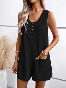 Women's Plain Pocket Button Front Romper, Casual Sleeveless Romper for Daily Wear, Ladies Clothes for All Seasons