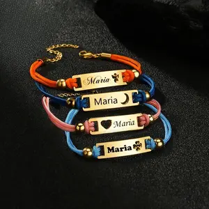 AS519 Personalized Gift for Children Rope Bracelet Engraved Names for Birthday Rope Children's Curved DIY Personalized Hollow Moon Love Bracelet