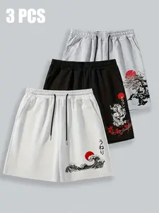 Men's 3-Pack Elastic Waist Casual Shorts, Japanese Ukiyo-E Wave Dragon Cherry Blossom Fuji Print, Y2K Streetwear, Summer Fashion