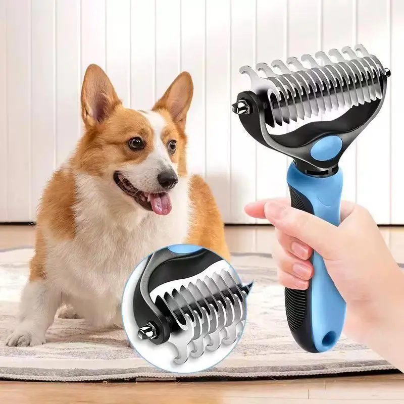 Double-Sided Pet Dematting Undercoat Rake Comb (17 * 10 * 3 Cm) - Non-Woven Deshedding Brush for Medium-to-Long Hair Dogs, Gentle Cleaning, Loose Fur Removal, Light Tangles, Pro Tick Removal, All Seasons, Does Not Cut Hair, Home Routine Care