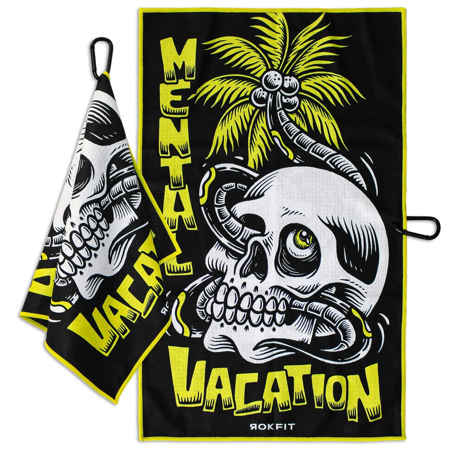 RokFit Gym & Golf Towel – Multi-Use, Quick-Dry, Durable Utility Towel with Bold Graphic and Carabiner Clip (Mental Vacation)