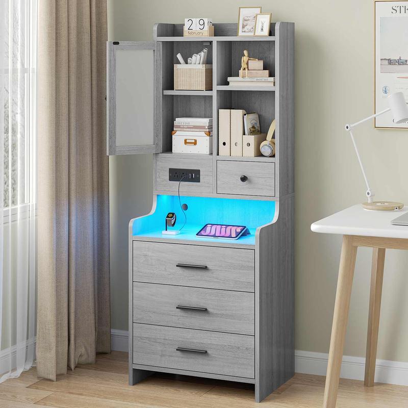 Sikaic LED Nightstand End Table - Concrete 2-in-1 Bedroom Furniture with Embedded Power Strip Charging Station, RGB Lighting with Music Mode, Drawers, Shelves, Glass Door Storage, Tall Pedestal Bedroom Items