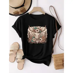Western Style Graphic Print Short Sleeve T-Shirt - Cow Skull & Floral Design, Light Grey Casual Tee, Medium Stretch, Machine Washable, Regular Fit for All-Season Wear, Allseason Apparel, Mediumstretch Fabric Top Womenswear