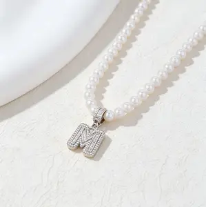 Pearl Initial Necklace for Women, Crystal Letter Pendant Necklace A-Z, Personalized Beaded Jewelry Gift for Birthdays, Daily Wear and Special Occasions.