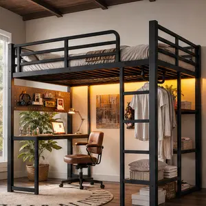 ARCH Full Size Loft Bed with Desk and Storage Shelves, Metal Loft Bed Frame with USB Ports, Lights, Hanging Rod, Cave Board Design, Black, Space-Saving for Bedroom, Dorm, Kids Teens Adults, Full Size Options, Black Color Options, Metal Material, Metal Bed