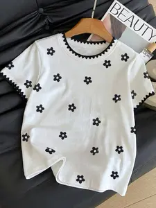 Women's Floral Digital Print Short Sleeve T-Shirt, Minimalist Cute Style, Soft Breathable, Casual Daily Wear