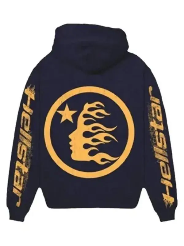 Hellstar Navy Yoga Flame Graphic Hoodie, Y2K Streetwear Pullover Sweatshirt, Unisex Casual Hoodie for Men & Women
