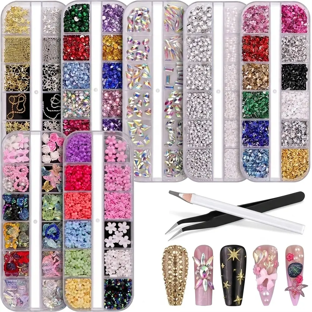 Nail Charms, Nail Rhinestones Kit with 8 Boxes of Nail Gems, Bedazzling Kit for Nails, Colorful Clear Flatback Rhinestones, Charms Y2K for Nails, Multi Shape Nail Art Accessories for Crafts