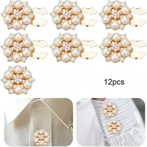12pcs Faux Pearl Button Set and Resin Button Set, Golden Rhinestone Clip-On Buttons, Decorative Formal Buttons Unisex Perfect Gift