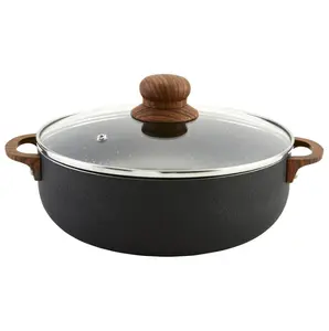 Quarter 4.4 Quart Black Caldero Cookware with Glass Lid, Bakelite Handles & Knobs, Durable Aluminum Construction, Soft-Touch Woodlook Handles