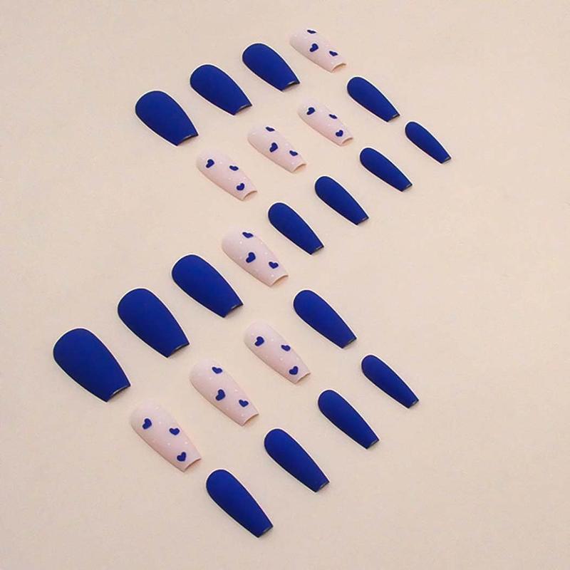 Long Fake Nails with Hearts Design Blue Nails Matte for Women 24 PCs/Set