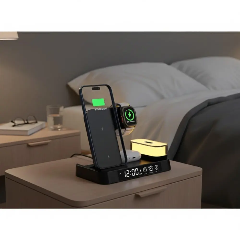Foldable Wireless Charging Station with RGB Clock | Multi-Device Fast Charger for iPhone, Apple Watch, AirPods | Portable for Travel, Home, Office | Smart Gift for Christmas, New Year Holidays