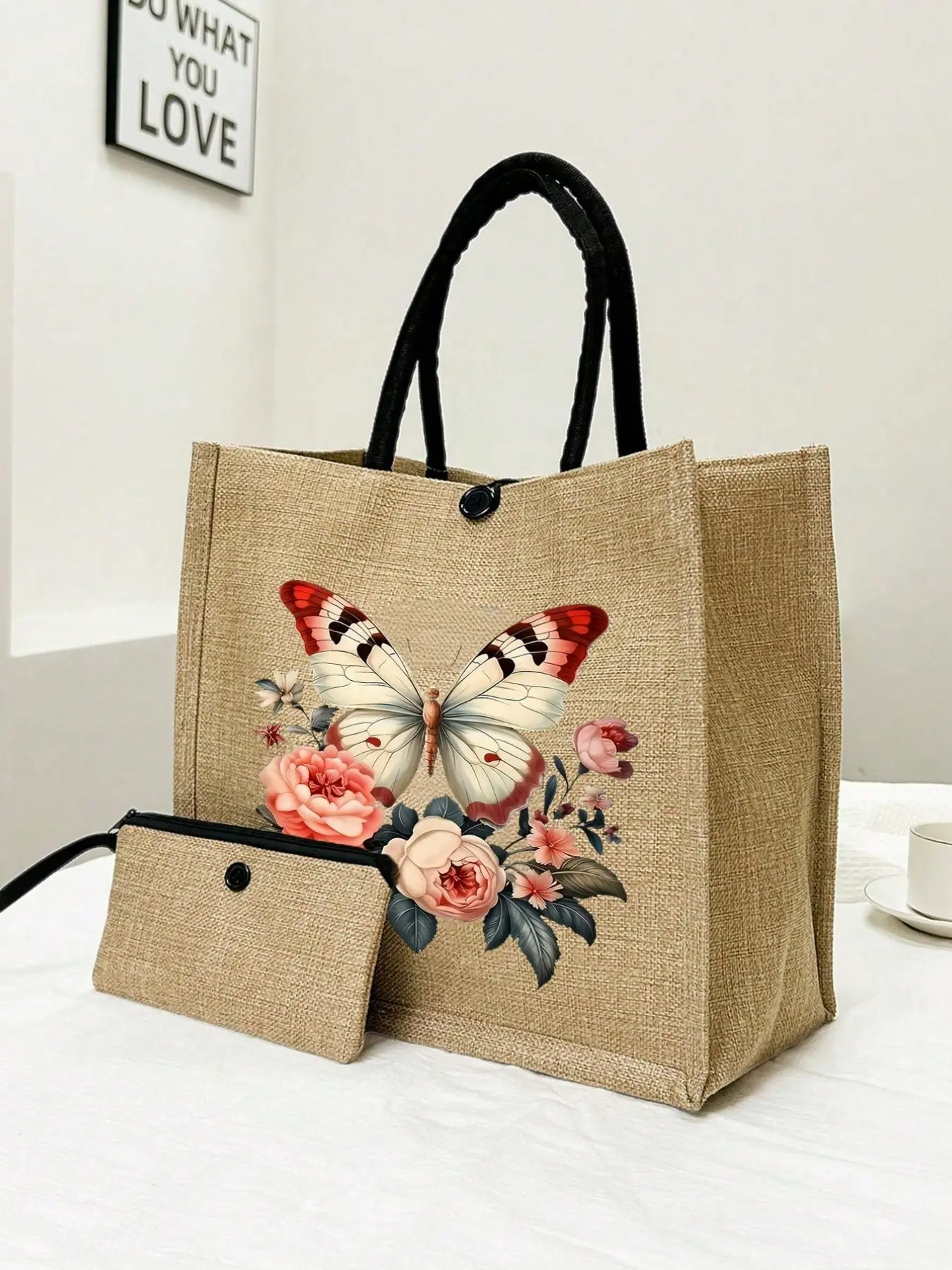 Butterfly Floral Print Handbag Set with Buckle and Matching Clutch, Fashionable Handbag, Elegant Travel Beach Shopping Bag, Durable Fabric, Ideal Gift, Travel Tote Handbag, Casual Handbags