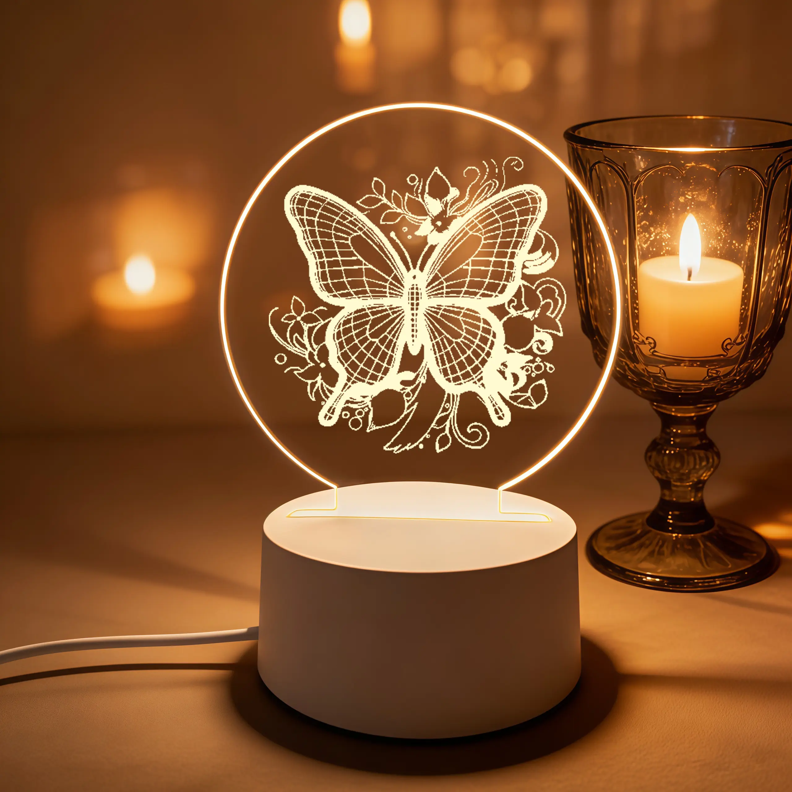 2D Flat Round Acrylic LED Night Light Lace Butterfly Flower Pattern, Decorative Table Lamp, Thanksgiving Christmas Birthday Gift for Mom Girlfriend Her