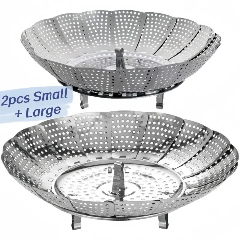 2pcs Steamer Basket Stainless Steel 2 Sizes (Large + Small) Food Vegetable Folding Expandable Steamers Fits Various Size Instant Pot