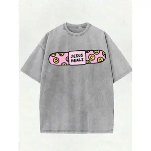 Jesus Heals Smiling Face Bandage 220g Pattern PrintWashed  Front-sided Printed Round Neck T-shirt, Street Trend Men'S T-shirt, Pure  100%, Suitable For Daily Casual Short