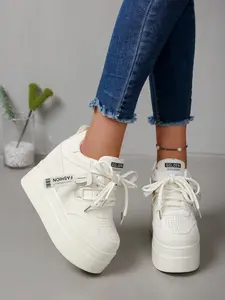 Women's 11CM Hidden Wedge Platform Sneakers | Minimalist Casual Daily Style | Smooth PU Lace-Up Breathable Perforated Toe Tag Decor Non-Slip Thick Sole High Top Shoes | For Daily Commute, Office Casual, Travel, Weekend Outings