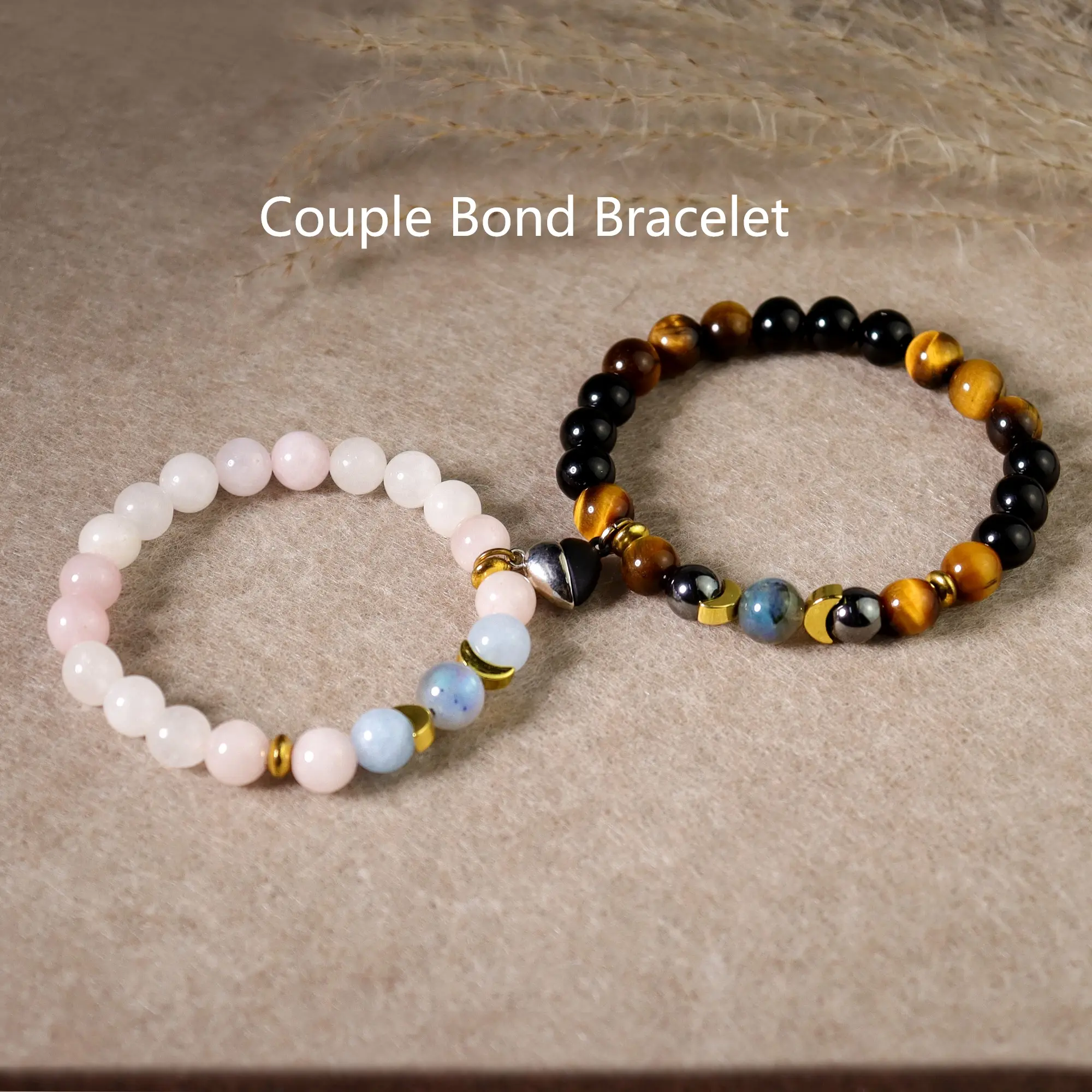 Couple Bracelet Set, 2pcs Matching Healing Crystal Jewelry - Rose Quartz, Tiger Eye, Moonstone Magic Energy Fashion Costume Bracelets & Bangles, Moonstone Bracelet