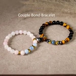2pcs Couples Crystal Bond Bracelets Rose Quartz & Tiger Eye Magic Energy Jewelry