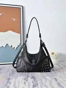 Punk Style Crossbody Shoulder Bag, PU Leather Skull Embossed, Adjustable Dual Strap, Rivet Design, All Seasons Fashion Accessory, Crossbody Shoulder Handbag