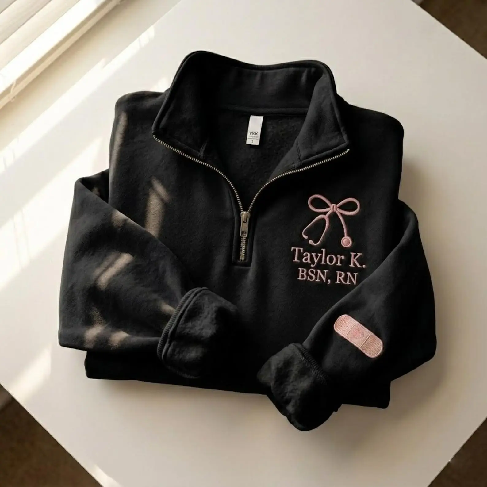 [MADE IN US] Personalized Nurse BSN RN Quarter Zip, Custom Name Monogram Crewneck, Coquette Bow Stethoscope Shirt, Bandage Sleeve Sweatshirt