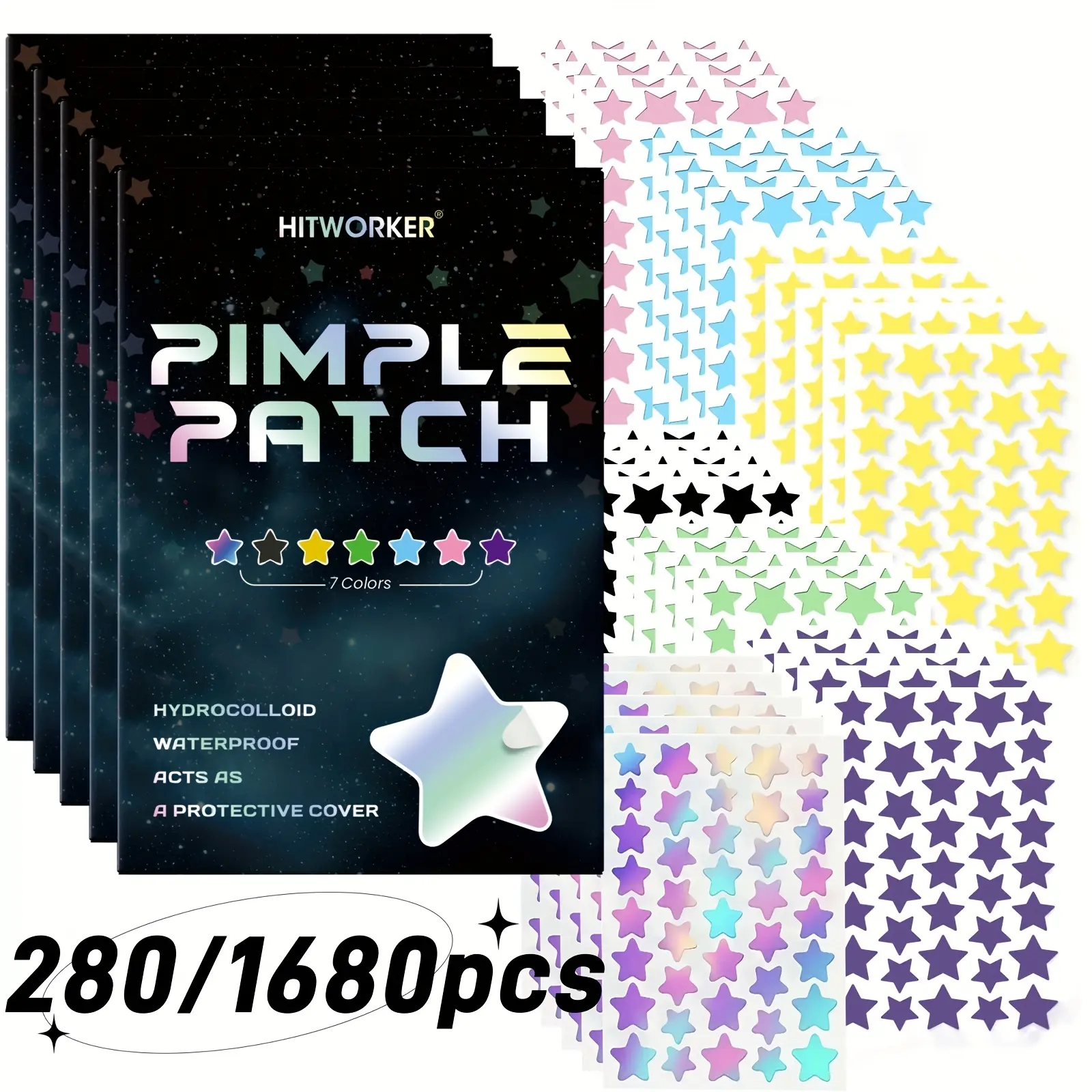 1680 Count HITWORKER Pimple Patches - Hydrocolloid Cover, High Quality & Star-Shaped Multi-Color (6+ Colors) for All Light Beige Types, Invisible Under Makeup, Daily Use & Photo Props, 280 Count, Pimple Patches for Face, Blemish Patches, Pimple Stickers