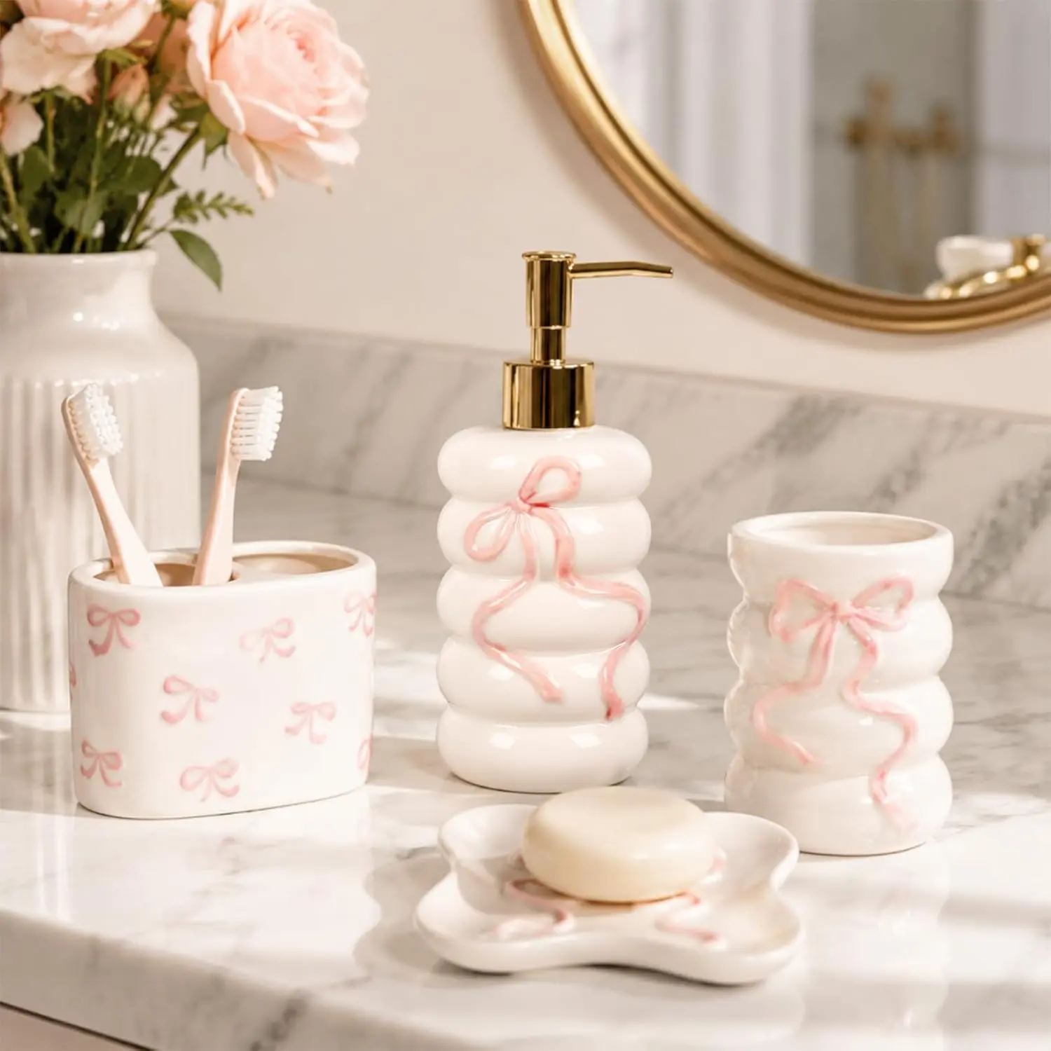 JarThenaAMCS 4Pcs Pink 3D Bow Bathroom Accessories Coquette Ceramic Liquid Dispenser Toothbrush Holder Tumbler Soap Dish for Valentine's Day Home Vanity Decor