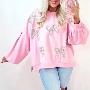 Pink Embroidered Bow Lantern Sleeve Oversized Pullover Women Sweatshirt for Valentine's Day(Sheets)