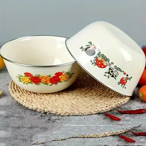 3pcs Vintage Floral Enamel Bowls Set, Durable kitchenware, Durable Round Enamel Food Bowls, Salad Serving Bowls for Fruits, Vegetables, Salads, Reusable and Dishwasher Safe, Outdoor-Safe Tableware Suitable for School, Camping, Picnic and Home Use