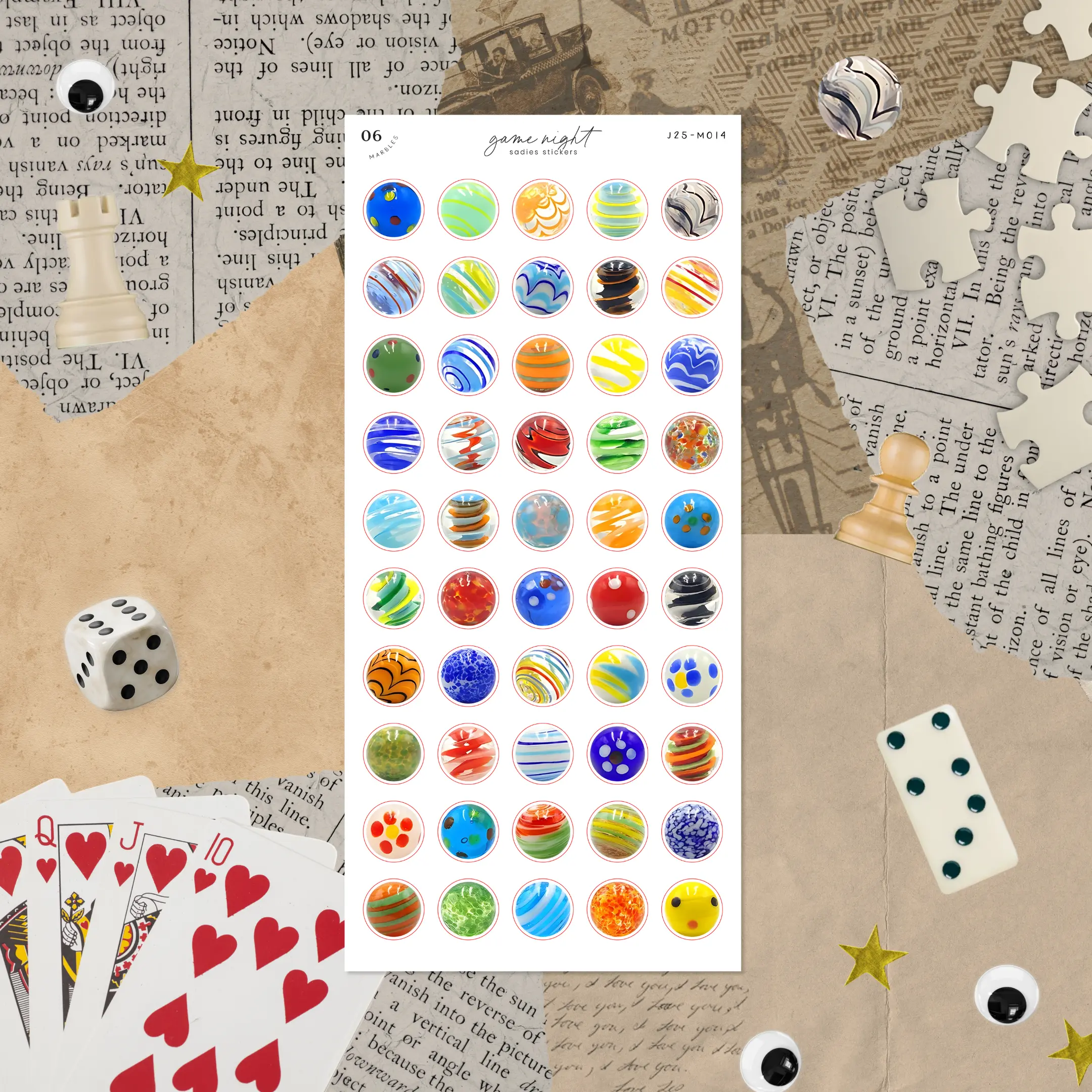 Glass Marbles • Junk Journal Sticker Sheet • Game Night • Trinkets & Tidbits • Scrapbook Stickers • Vision Board • Vintage Retro Aesthetic