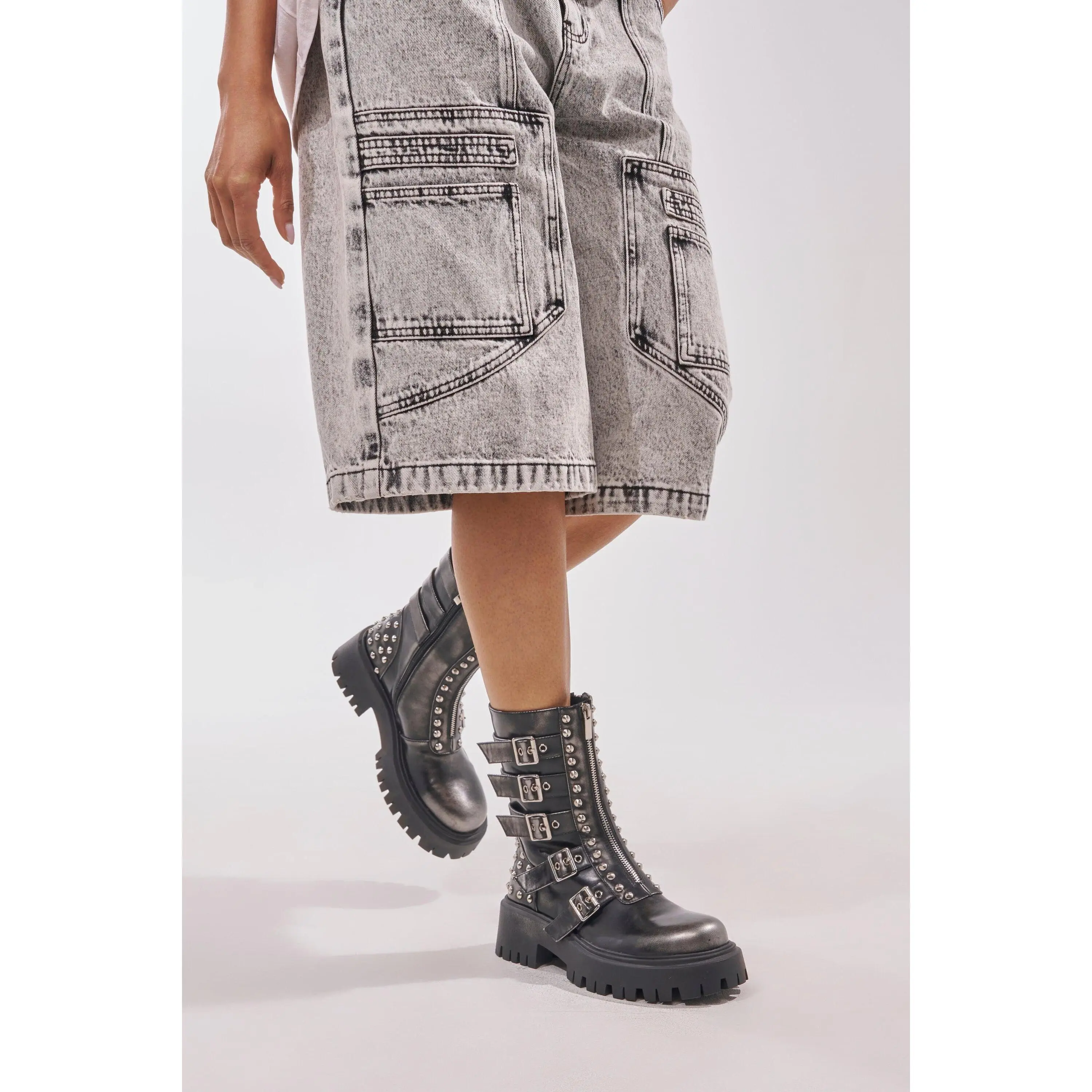 AKIRA GOLD ESTERA CHARCOAL EMBELLISHED COMBAT BOOTIE