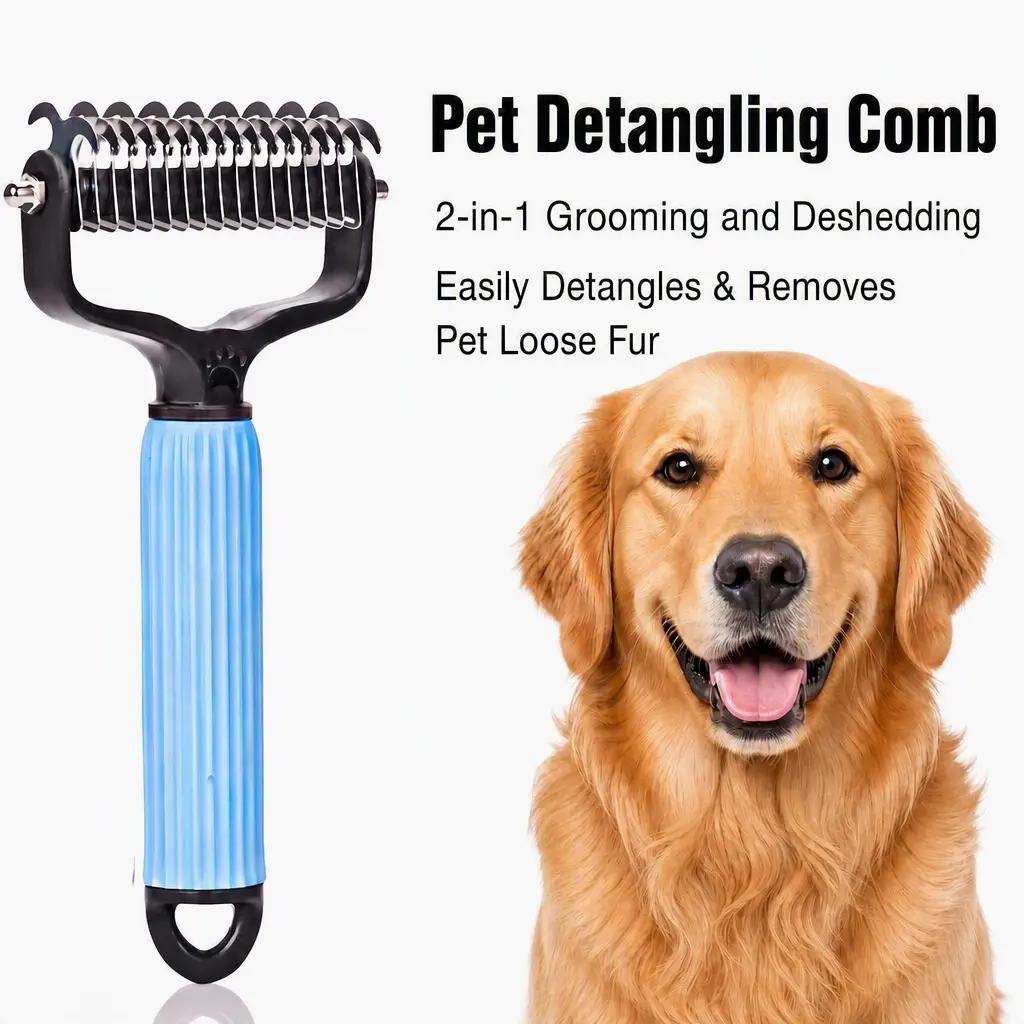 Professional Pet Dematting Comb – Double-Sided Undercoat Rake & Deshedding Grooming Brush for Dogs & Cats, Safe Stainless Steel Teeth for Detangling Matted Fur, Loose Hair Removal Tool for Long & Short Coats