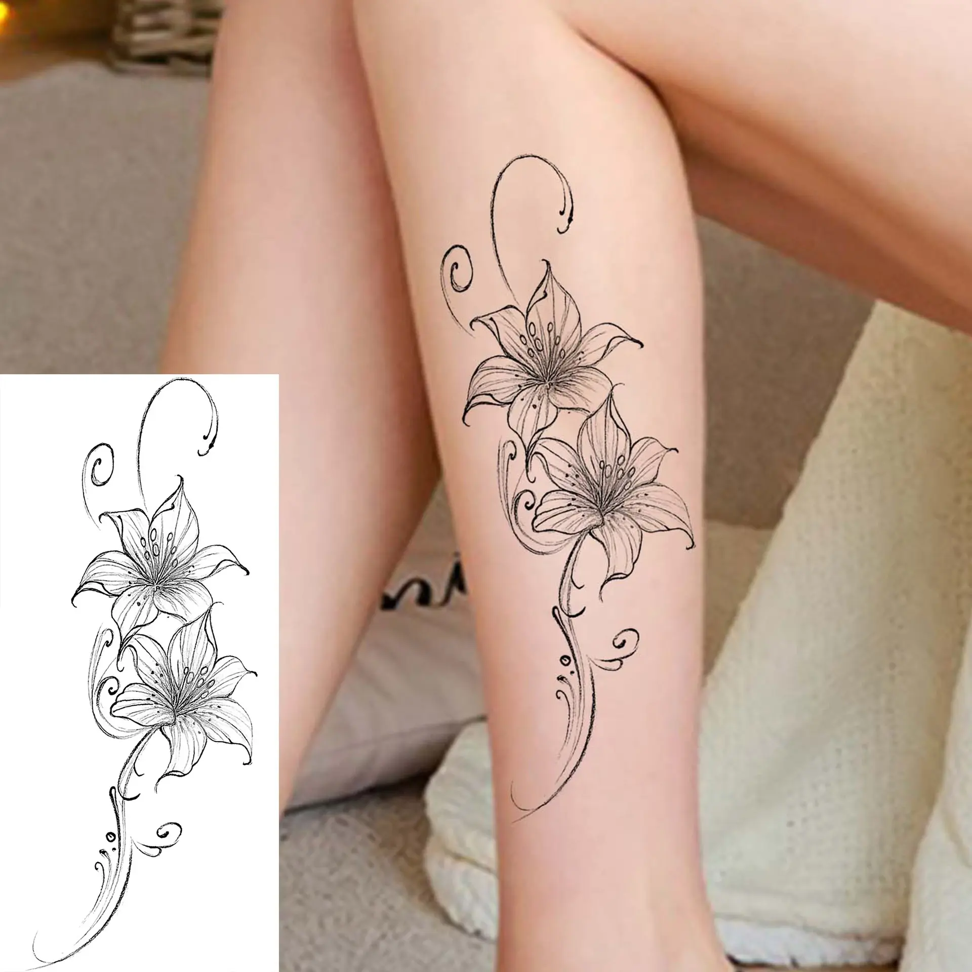 4PCS Large Lily Flower Temporary Tattoo, Black Fine Line Floral Vine Body Art Sticker for Arm, Shoulder, Back and Leg