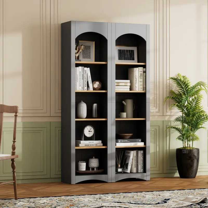 Bookshelf and Bookcase Free Standing 5 Tier Bookshelves, Bookcases Set of 2, Farmhouse Two-Tone Storage Cabinet with Adjustable Shelves, Modern 72"H Kitchen Pantry Cabinet for Living Room, Home Office
