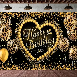 Leopard Print Happy Birthday Banner Decoration, & Polyester Fabric, Balloon Design, Elegant Wall Decor for Parties