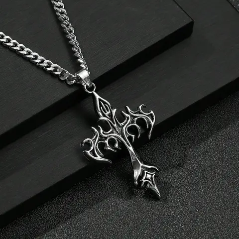 Men's Fashion Hip Hop Vintage Cross Pendant Necklace, Cuban Link Chain Necklace, Street Style Urban Edge Trendy Jewelry, Gothic Cross Design, Unique Fashion Accessory, Cross Necklaces
